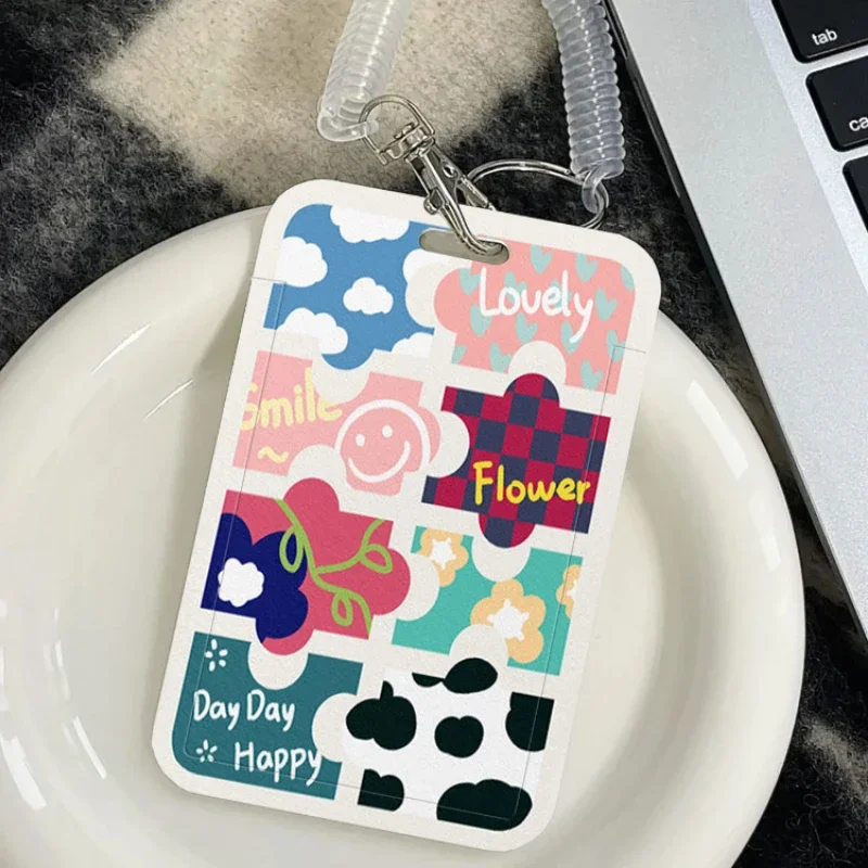 Puzzle Style Pattern Card Holder with Retractable Spring Cord Suitable for Student Bus/Meal Card Protection Case Door Card