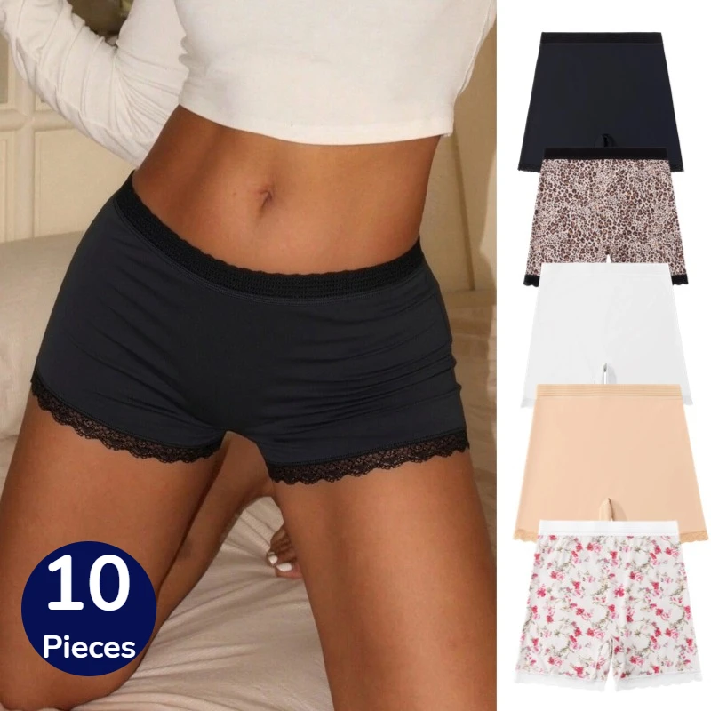 WarmSteps 10PCS Fashion Women's High-Waist Anti-Exposure Safety Shorts Seamless Breathable Boxers Sexy Lace Trim Female Boyshort