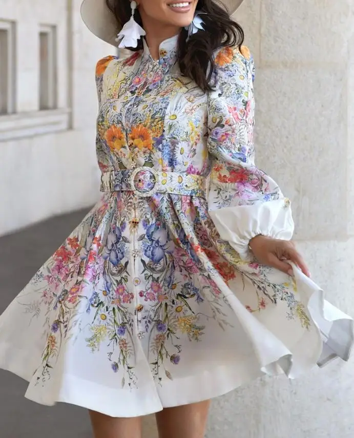 

Elegant Retro French Printed Dress with Stand up Collar Lantern Sleeves Flower Button Waist And Waistband for Women
