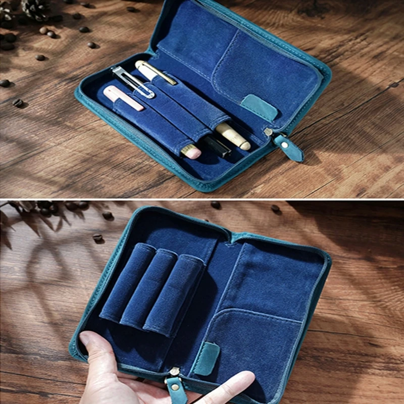 Leather Fountain Pen Case Large Capacity Stationery Bag Pencil 3 Divided Slots Pen Bag Pen Holder for Students