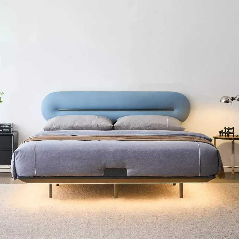 

Bauhaus blue retro leather double bed master bedroom queen bed dopamine steel frame suspension bed