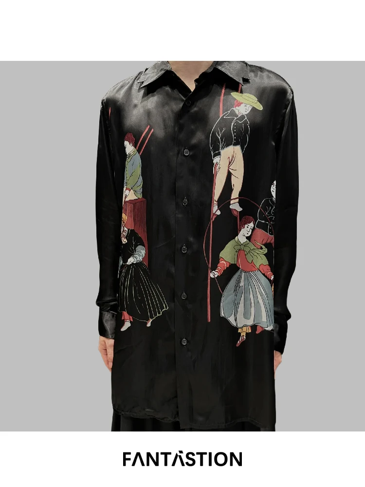 

FANTASTION Vintage character print design Tuxedo shirt Unisex Original Design Long sleeves chic casual Loose oversized shirts