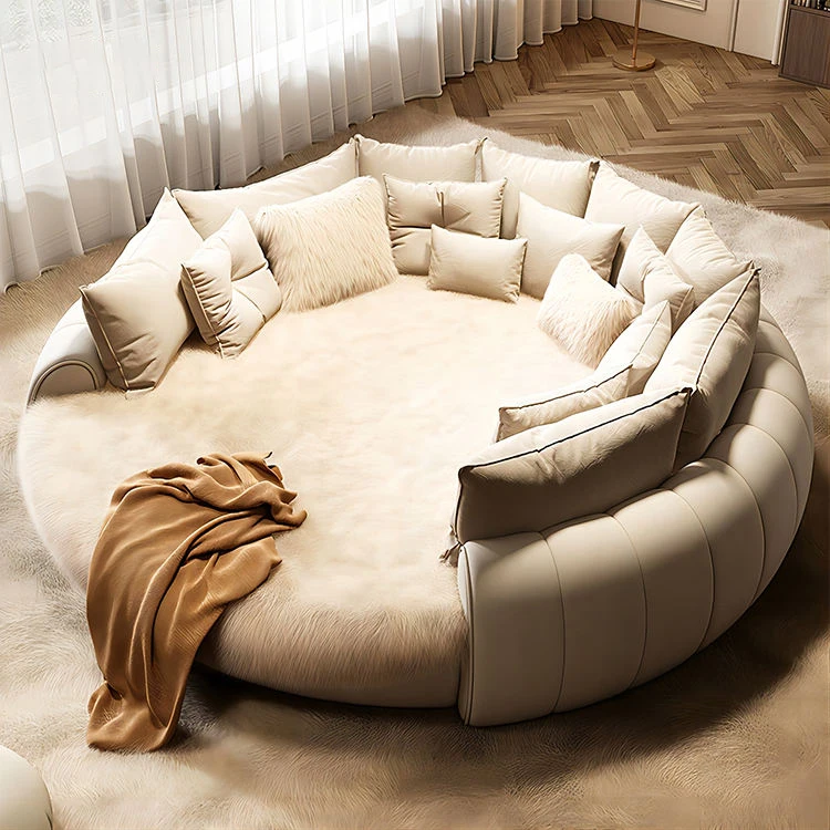 Super Luxury Comfort White Velvet Round Bed Hotel Villa Round Bed