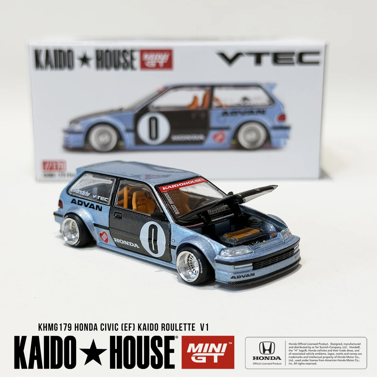 In Stock Kaido House KHMG179 1:64 Civic EF Roulette V1 Light Blue Carbon Fiber Advan Openable Hood Diecast Collectible Model Car