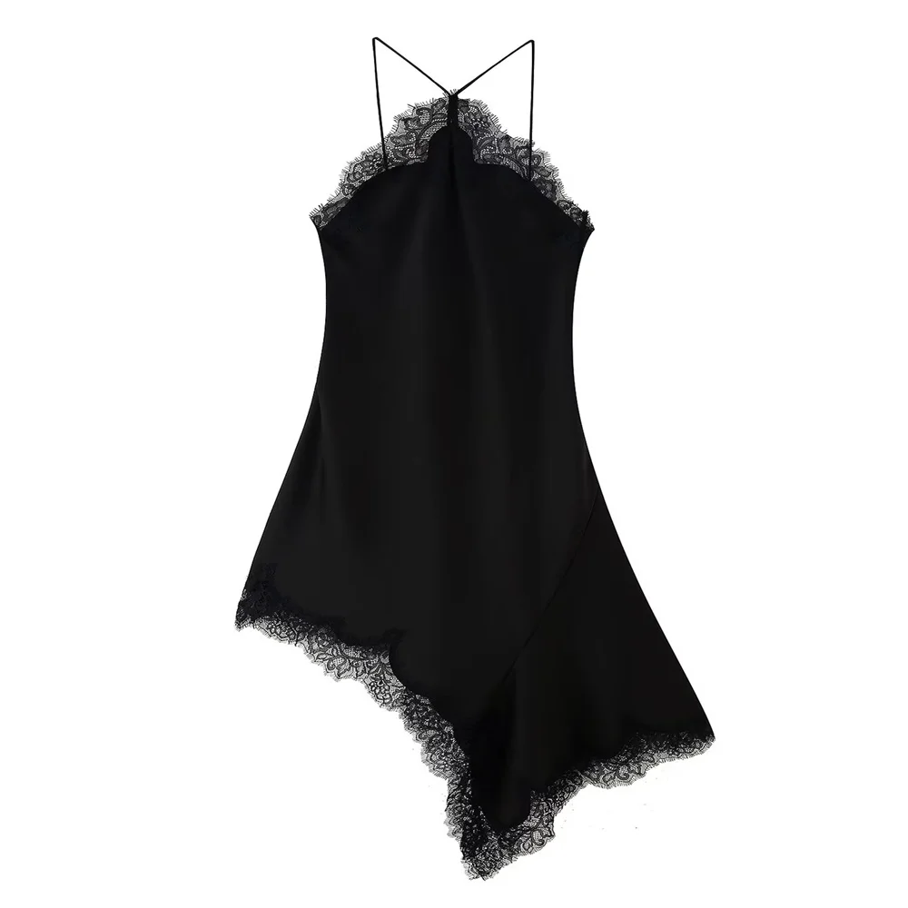 ヨーロッパとアメリカンスタイルの新しい女性のレース装飾サテンテクスチャサスペンダードレス不規則なロングスカート