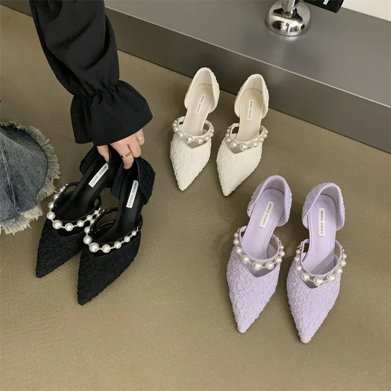 Pointed Toe Women Heigh Heels Pleated Pearl Ladies Shoes Slip On Fashion Zapatos Mujer Luxury Design New Pumps Spring Autumn New