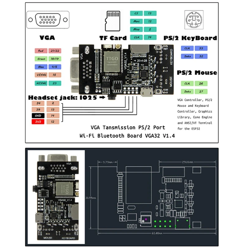 TTGO VGA32 VGA ESP32 PSRAM Module V1.4 Controller PS/2 Mouse Keyboard Graphics Library Game ANSI/VT Terminal Circuit