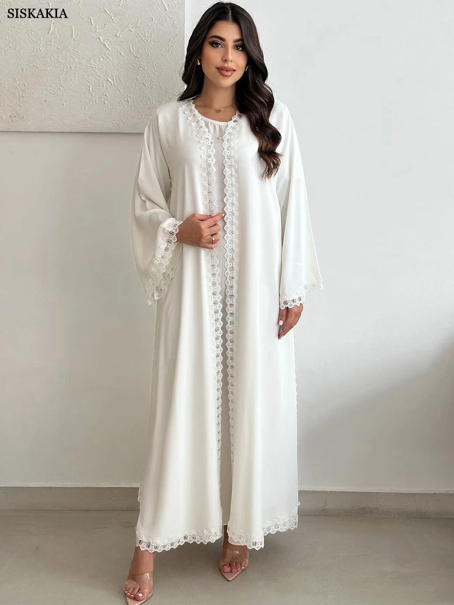 Siskakia Dubai Solid White Open Abaya For Muslim Woman Lace Tape Cardigan Elegant Casual Loose Moroccan Saudi Kaftan Fashion