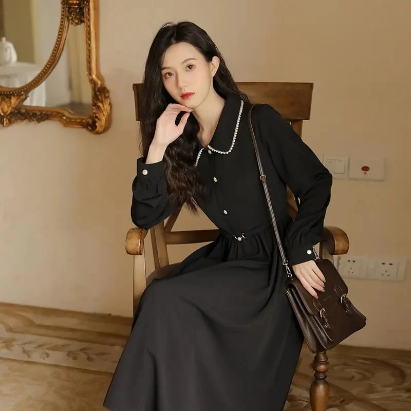 

Women's autumn elegant long-sleeved dress French Hepburn style waist slimming holiday dress