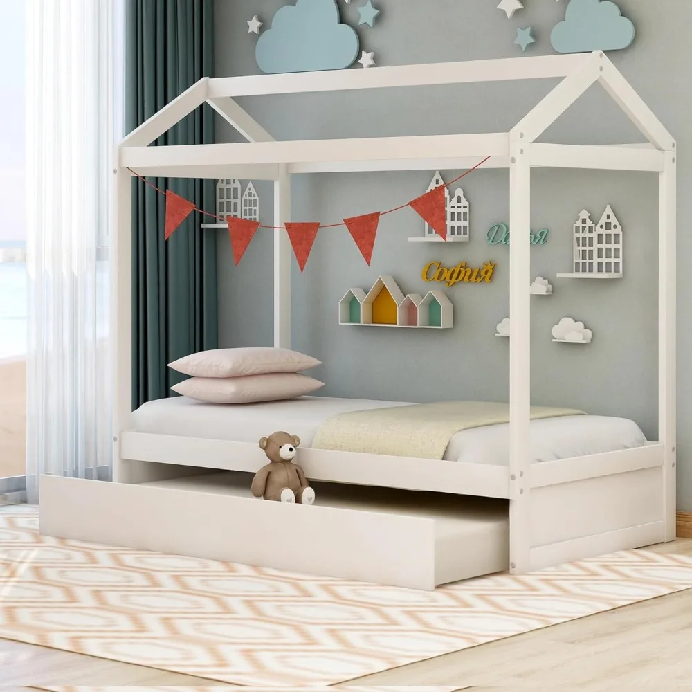 Bellemave Cama doble con nido, cama de casa Montessori con diseño de techo, estructura de sofá de madera para niños, niños, niñas, Wo resistente