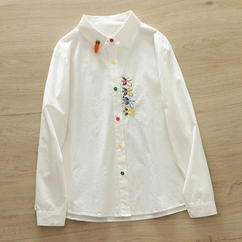 Spring Autumn Cartoon Rabbit Embroidery Long Sleeved Shirt Women Clothing Colorful Button Female Cotton Blouse Tops U029