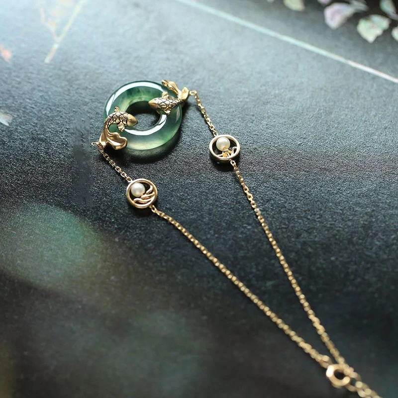 Natural Hetian Chalcedony Round Carp Pearl Ladies Bracelet Vintage Light Luxury High-end Engagement Party Jewelry