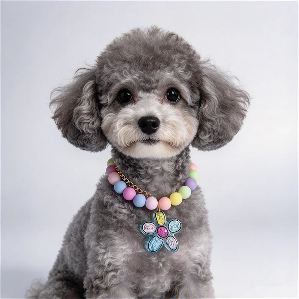 Macaron Bead Pet Collar with Heart Flower Pendant Trendy Pet Necklace for Small Breed Dogs and Cats Birthday Party Pet Supplies