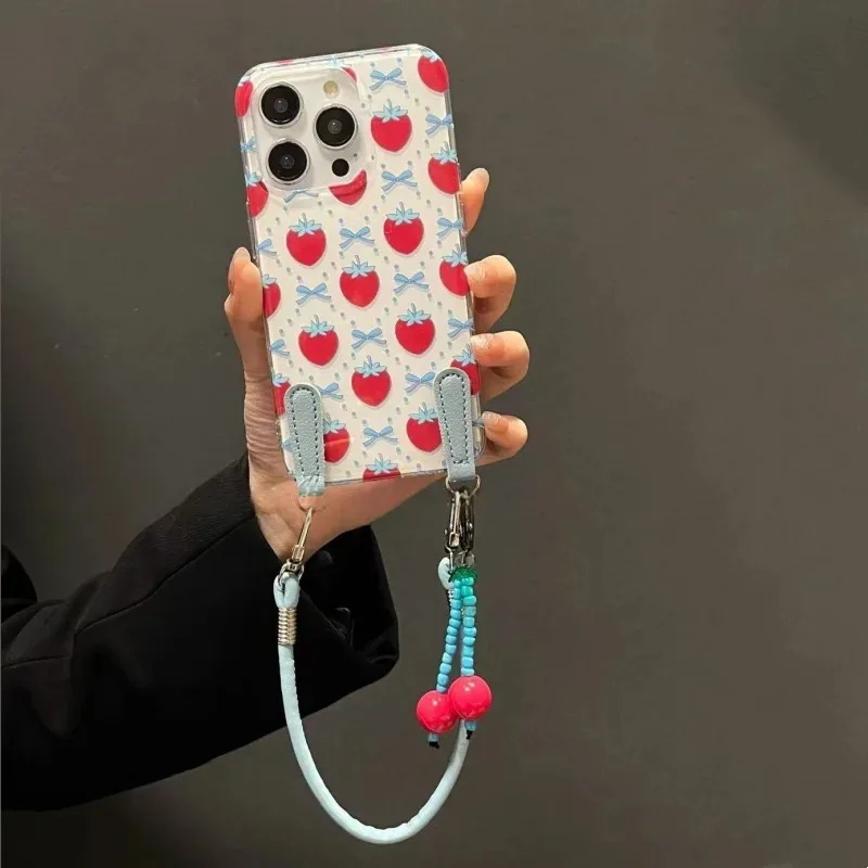 حافظة هاتف كرز زرقاء ملونة كاملة الشاشة مع حبل معلق طويل وقصير من الكرز لهاتف آيفون 11 12 13 14 15 16 برو ماكس