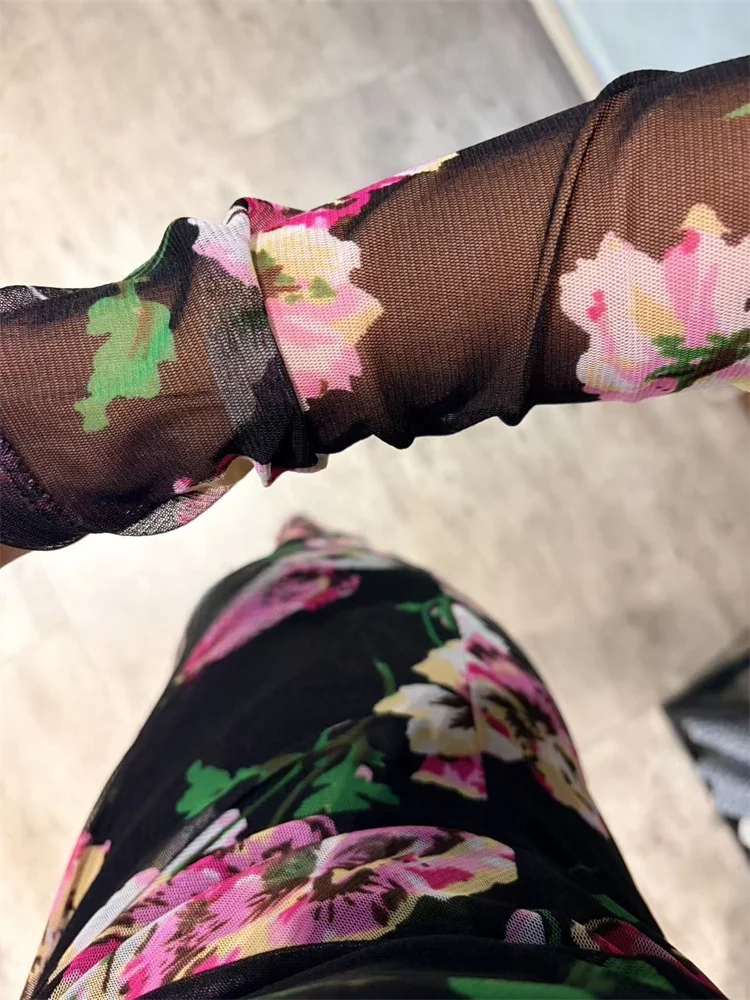 Romantic Floral Double-Sided Tulle Wrap Dr Women's Long Sve Knot Bodice Dr Faionable Ele Casual Sle