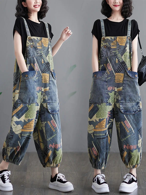 Artistic Vintage Large Size Denim Overalls Women's Print Loose Fit One-Piece Commuter High Waist Nine-Piece Jeans