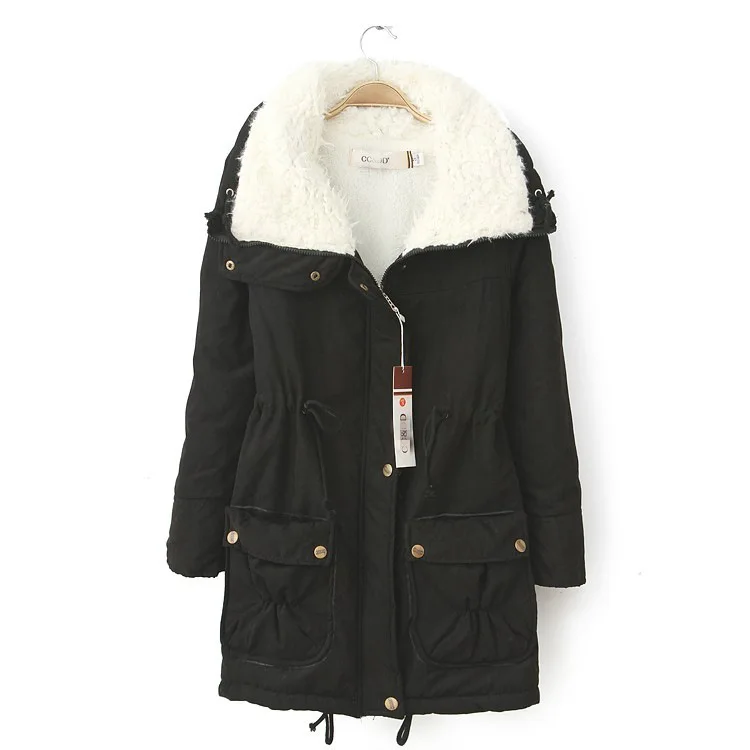 Ladies Faux Shearling Lined Parka Coat Zip Up Turn Down Collar Long Sleeve Pockets Loose Fit Thick Warm Winter Outerwear Jacket