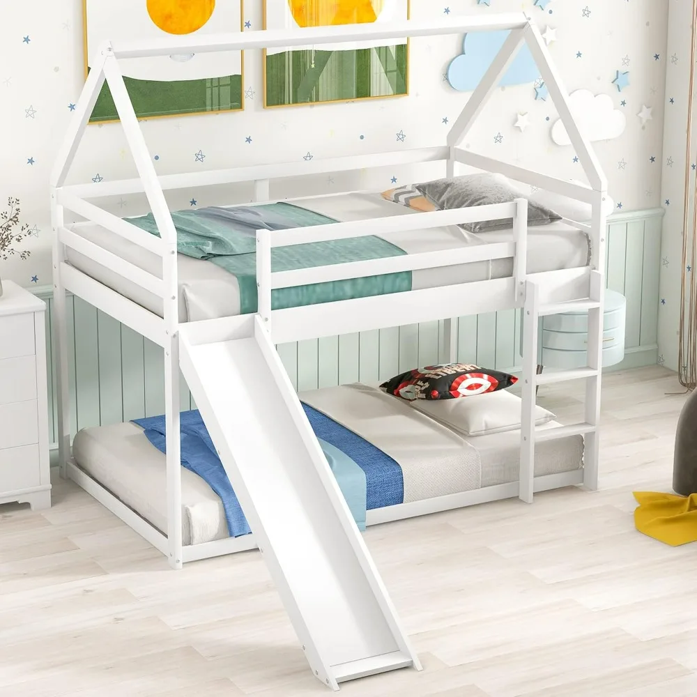 House Bunk Bed with Convertible Slide and Ladder, Twin Over Twin Bunk Bed with Roof and Security Guardrails, Floor Bunk Bed