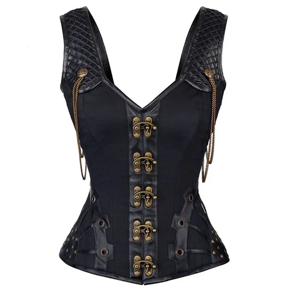 

Steampunk Black Leather Women Corset Straps Overbust Corsets Vest Vintage Gothic Corsets Bustiers Top