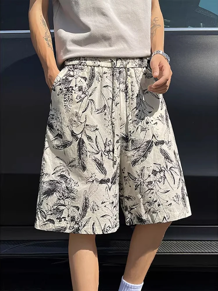 

Qui Dry Ice Silk orts Мужские летние пляжные ноги свободного покроя с цветочным принтом Пляжные повседневные прямые ноги со средней талией