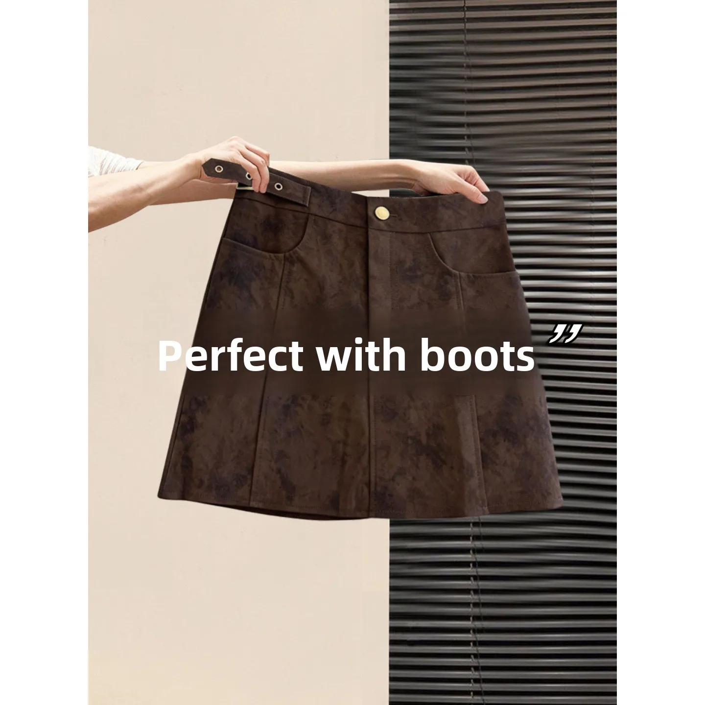 High Waist A-Line  Skirt Women's Autumn Winter Brown Leather Velvet Half Body Skirt with Long Boots Wrap around Skirt