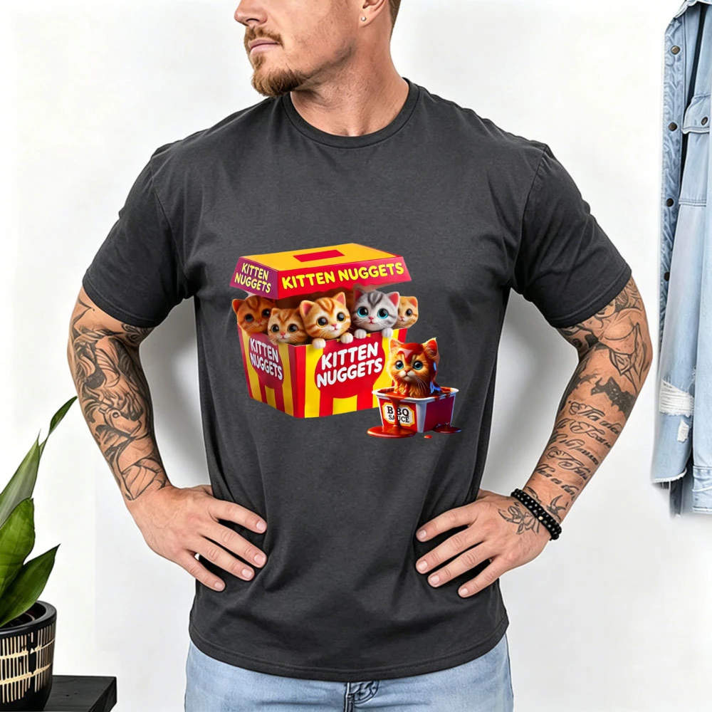 Kitten Nuggets Cute Cat Fast Food Box Men Women Cotton Tshirt Funny Graphic Print Pet Lover Casual Summer Short Sleeve Soft Tops