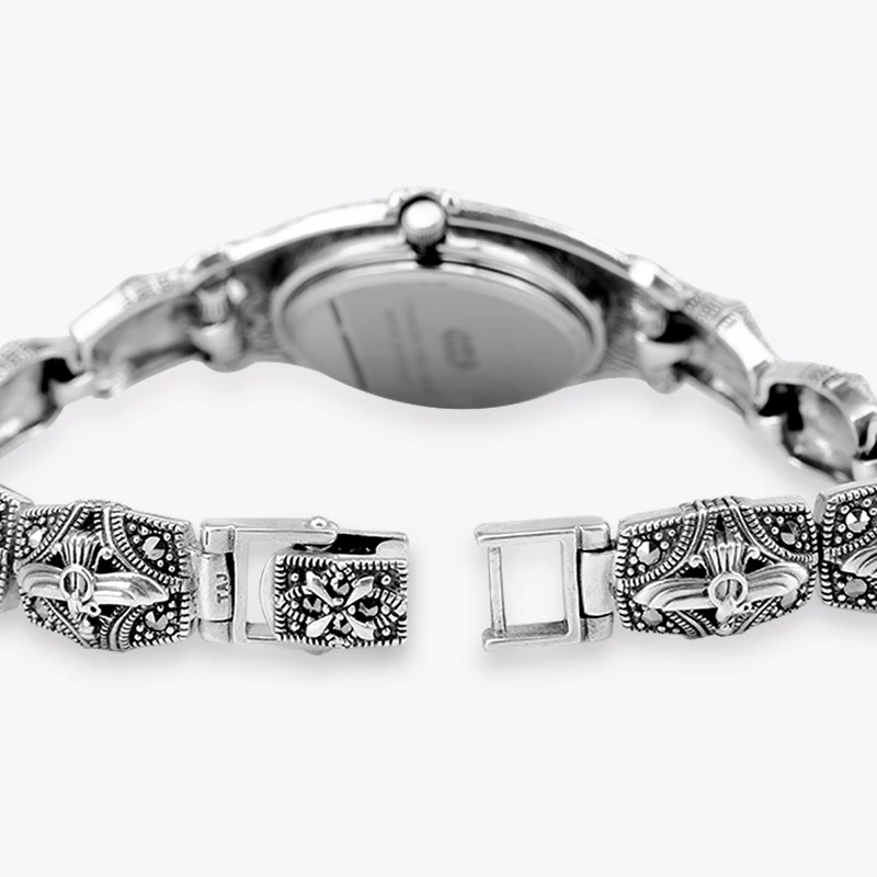 YYSUNNY Retro Women's Marcasite Pave Wrist Watch Fashion S925 Sterling Silver Bracelet for Ladies Birthday Gift Classic Jewelry