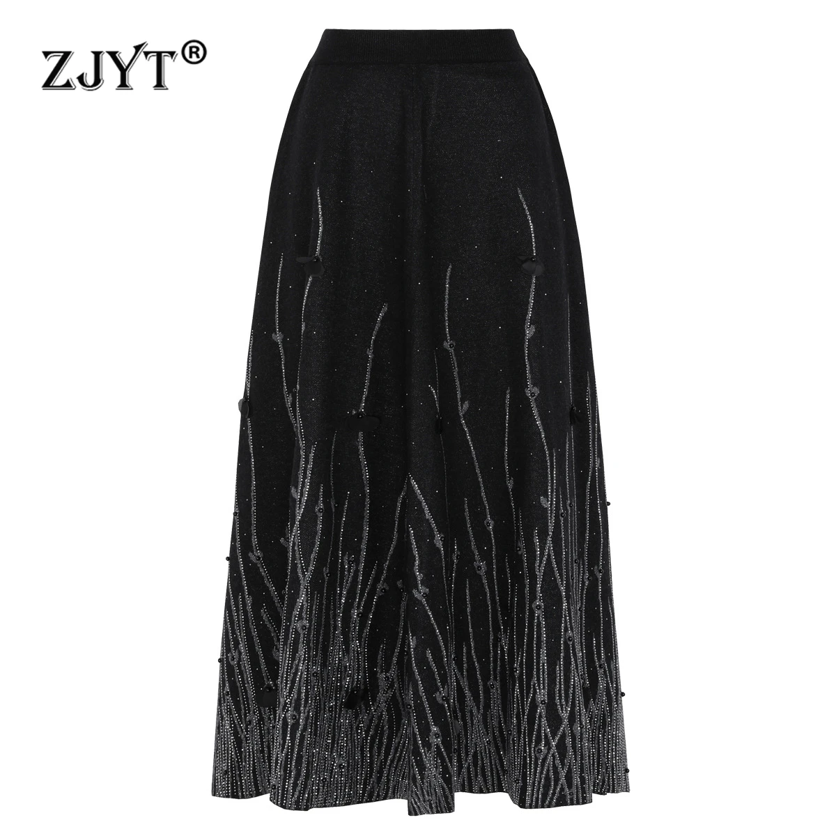 ZJYT Luxury Beading Knitted Maxi Skirts for Women 2026 Fashion Elastic Waist Long Skirt Party Female Faldas Woman Fall Winter
