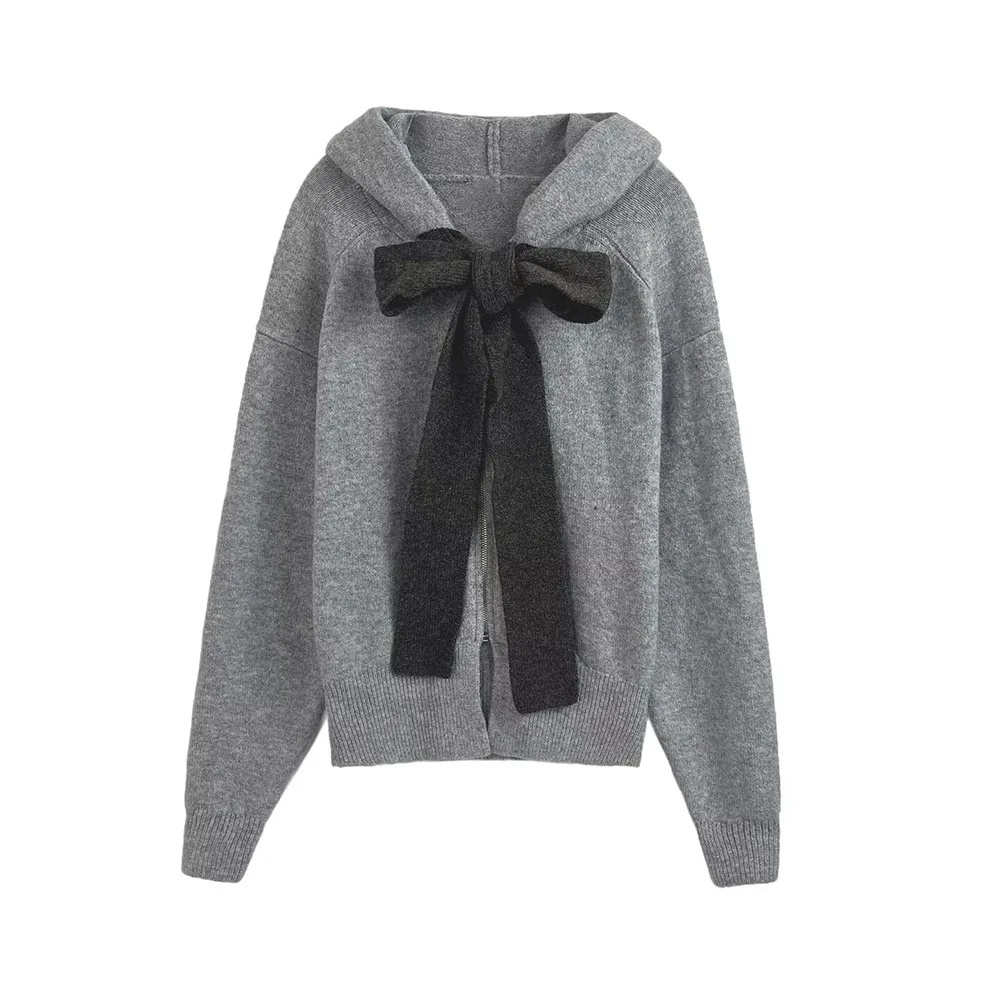 

European and American style women's 2025 autumn and winter new style bow-decorated hooded zipper knitted jacket