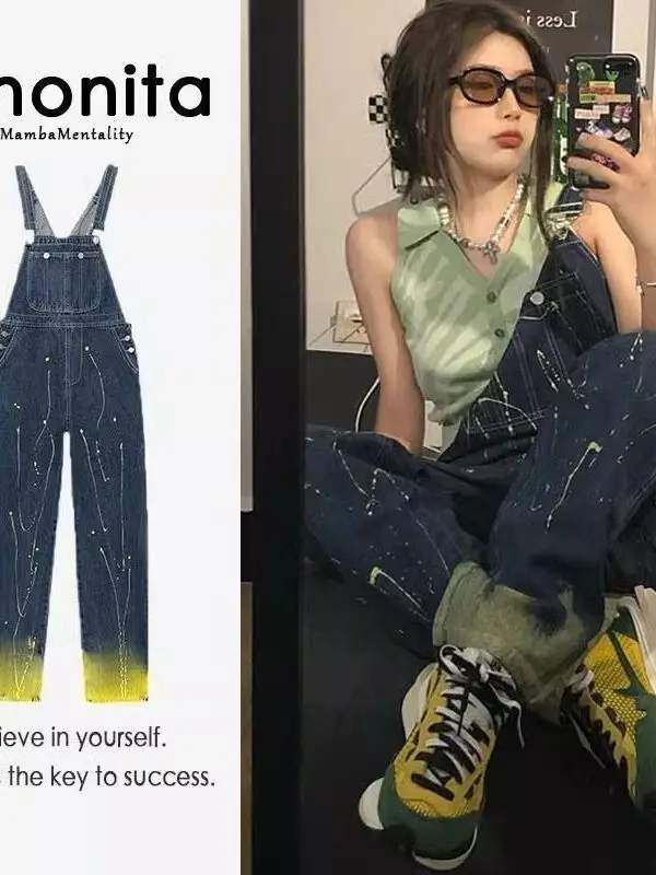 안티에이징 스플레이드 데님 오버롤 여성용 봄 가을 신상품 대형 사이즈 슬림핏 원피스 바지