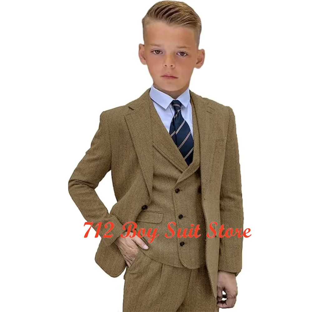 Boy's Suit 3 Pieces Retro Herringbone Jacket Pants Vest Wedding Dinner Party Formal Tuxedos Wool Kids's Blazer Set