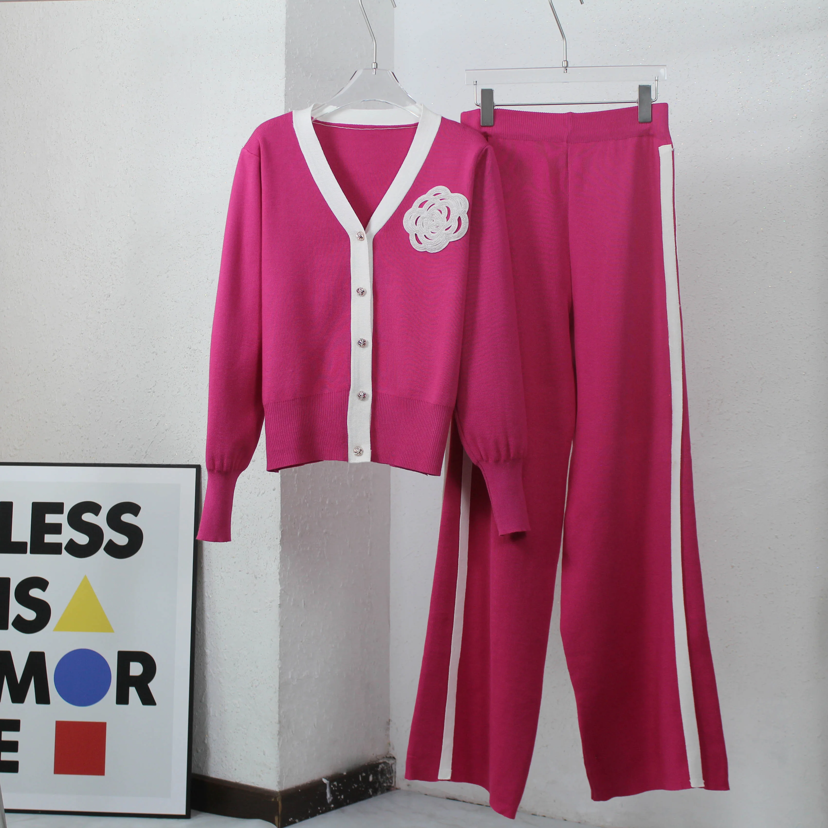 

Autumn Winter New Women Temperament Knitted Two Piece Set Sweater Cardigan Tops + High Waist Wide Leg Pants Suits Korean Clothes