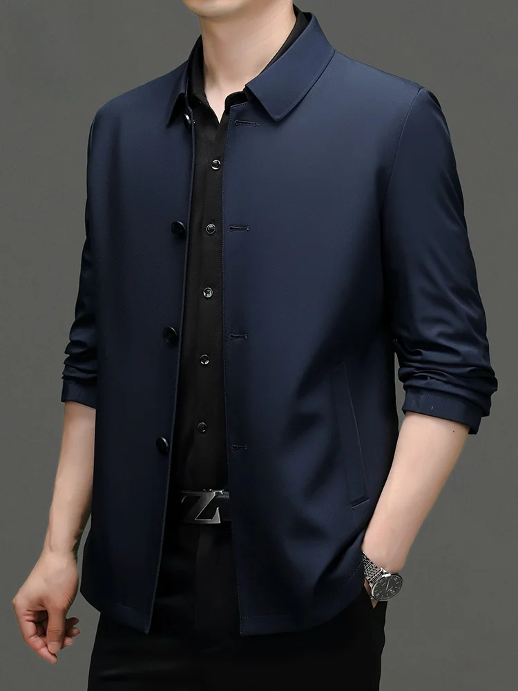 

Ele Silk Men's Jaet Coat with Stand Collar And Buttons for Busin Wear in Spring And Autumn by Laoyeche