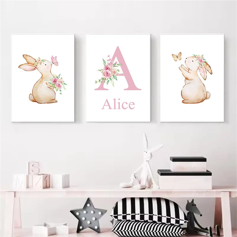 Pink Flower Butterfly Rabbit Custom Name Wall Art Canvas Painting Nursery Print Nordic Poster Wall Pictures Baby Girl Room Decor