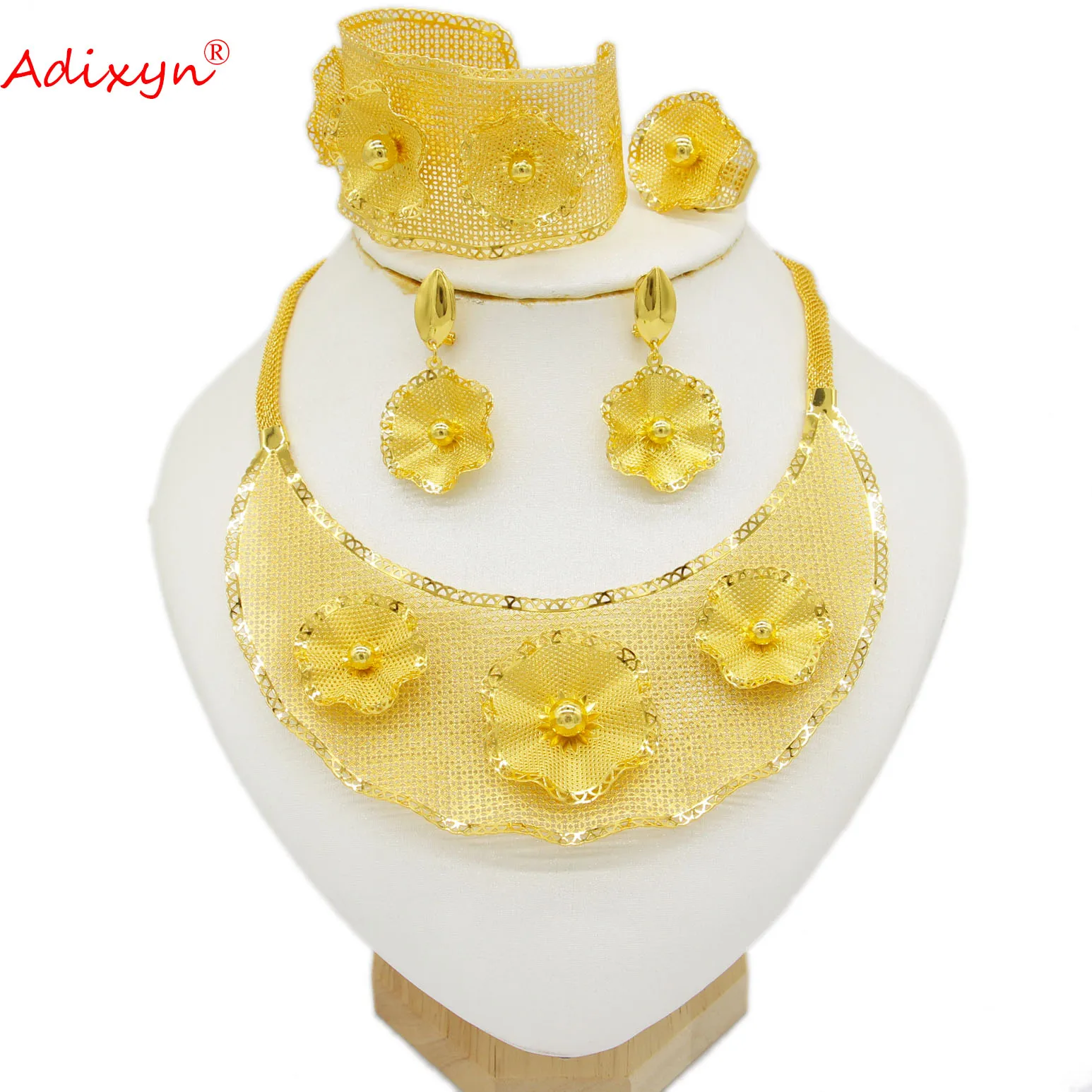 

Adixyn Dubai Luxury Gold Color Necklace Bangle Earring Ring Jewelry Set For Women Arab African Wedding Gift Free Box N09282