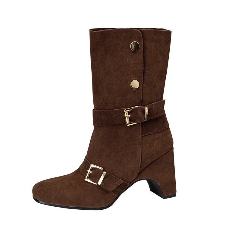 

Women Ankle Boots Faux Suede Square Toe Short Booties Elegant Buckle Buttons Strange Style Heels Shoes