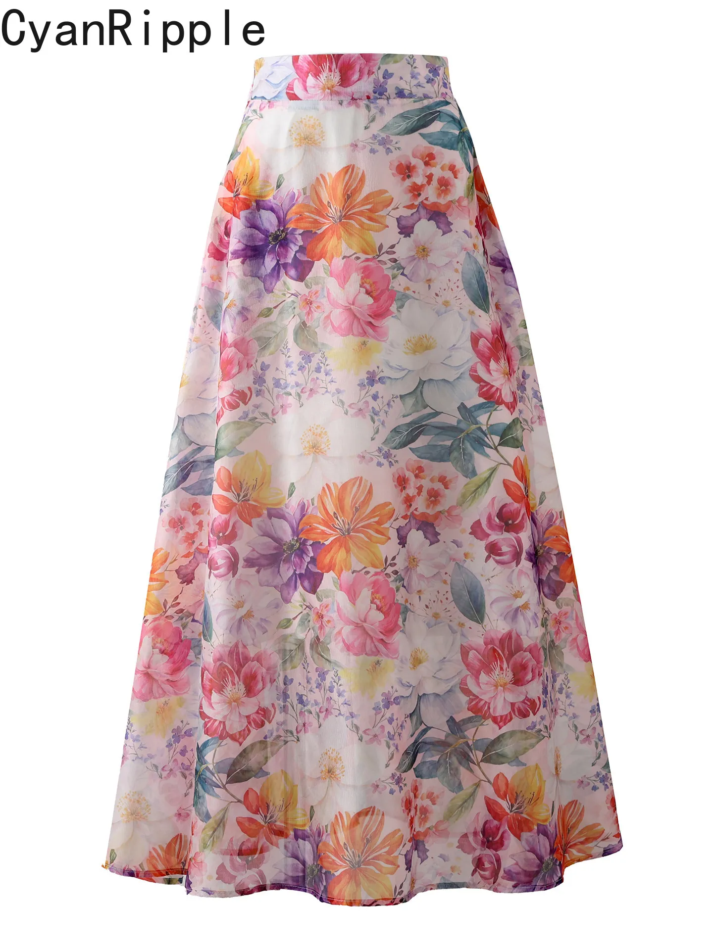 

High Quality New Spring Summer Pink Flowers Printing Ultra Long Skirt Women All-match Elastic Waist Organza Casual A-line Skirt
