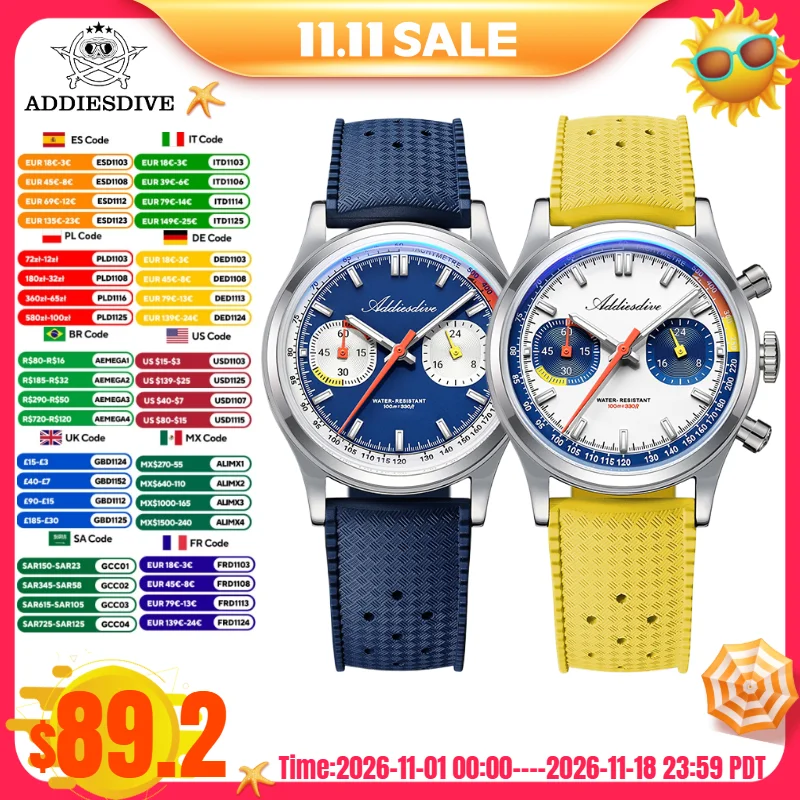 ADDIESDIVE Hot Sale 38mm VK64 Chronograph Men Watch Reloj BGW9 Super Luminous FKM Strap 100m Waterproof Quartz Watches AD2529