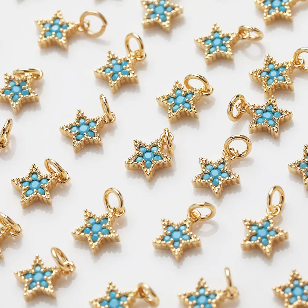 2PCS  Small Turquoise Star Charms for Jewelry Making Drop Earrings DIY Hand Made Brass Accessory 14k Gold Plated 7.7*9.5mm
