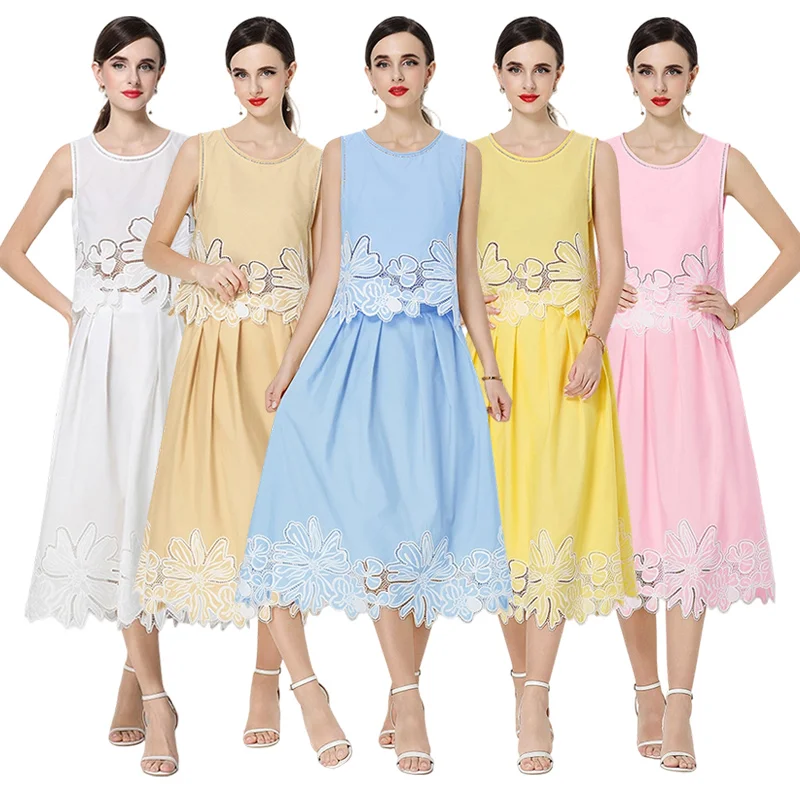 

Summer 2026 Embroidered Hollow out Sleeveless Heavy Work Set Two Piece Skirt for Elegant Ladies Fashionable Slim Fit round Neck