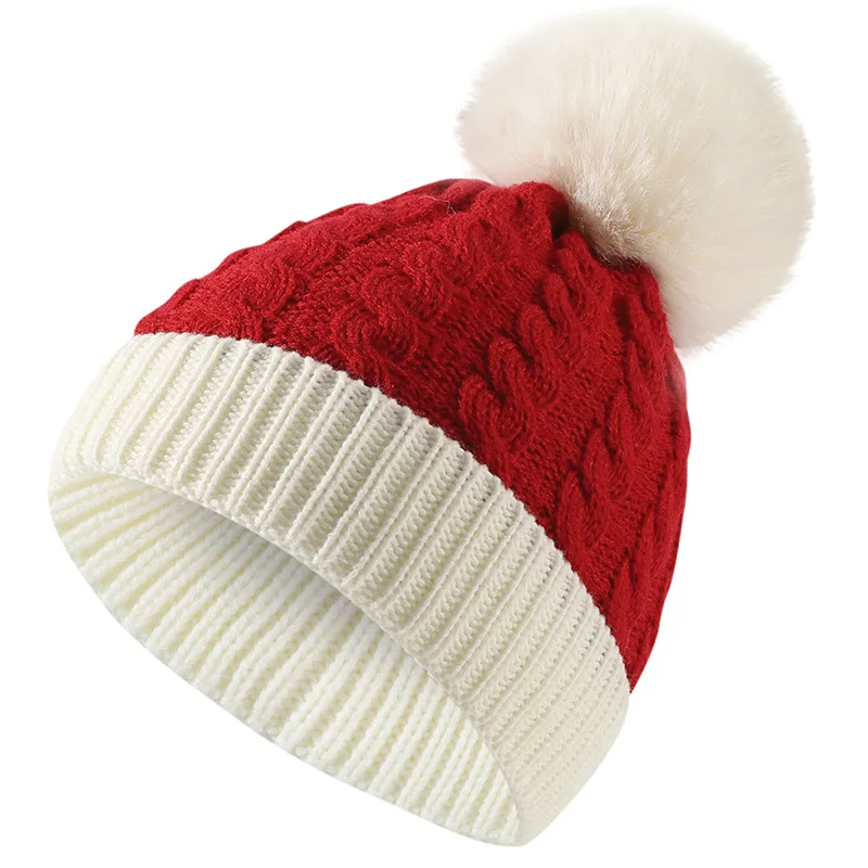 Unisex Winter Red And Green Patchwork Pompoms Knit Hat Christmas Hat For Women Men Christmas Gift