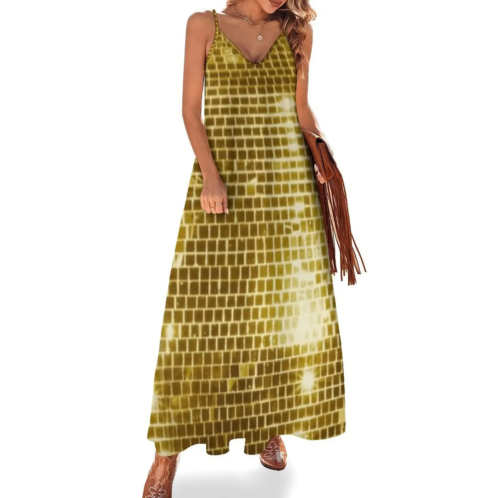 

Real Disco ball gold disco fever boogie dance 70s club disco party checkered Sleeveless Dress summer dresses ladies 2025 Dress
