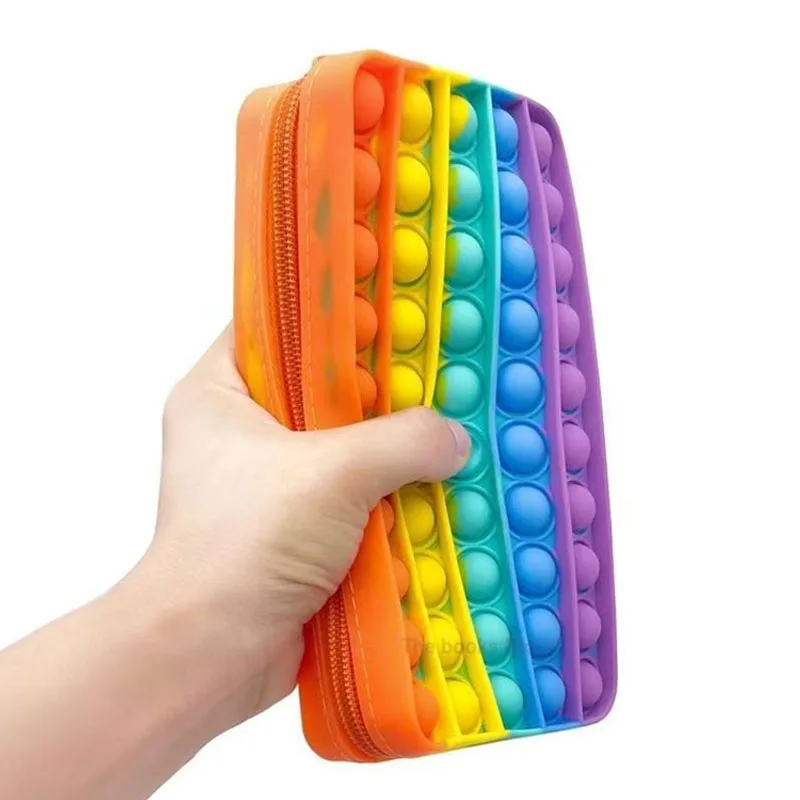 Rainbow Push Bubble Pencil Case Silicone Stationery Storage Bag ADHD Sensory Fidget Toys For Kids Boys Girls Decompression Gifts