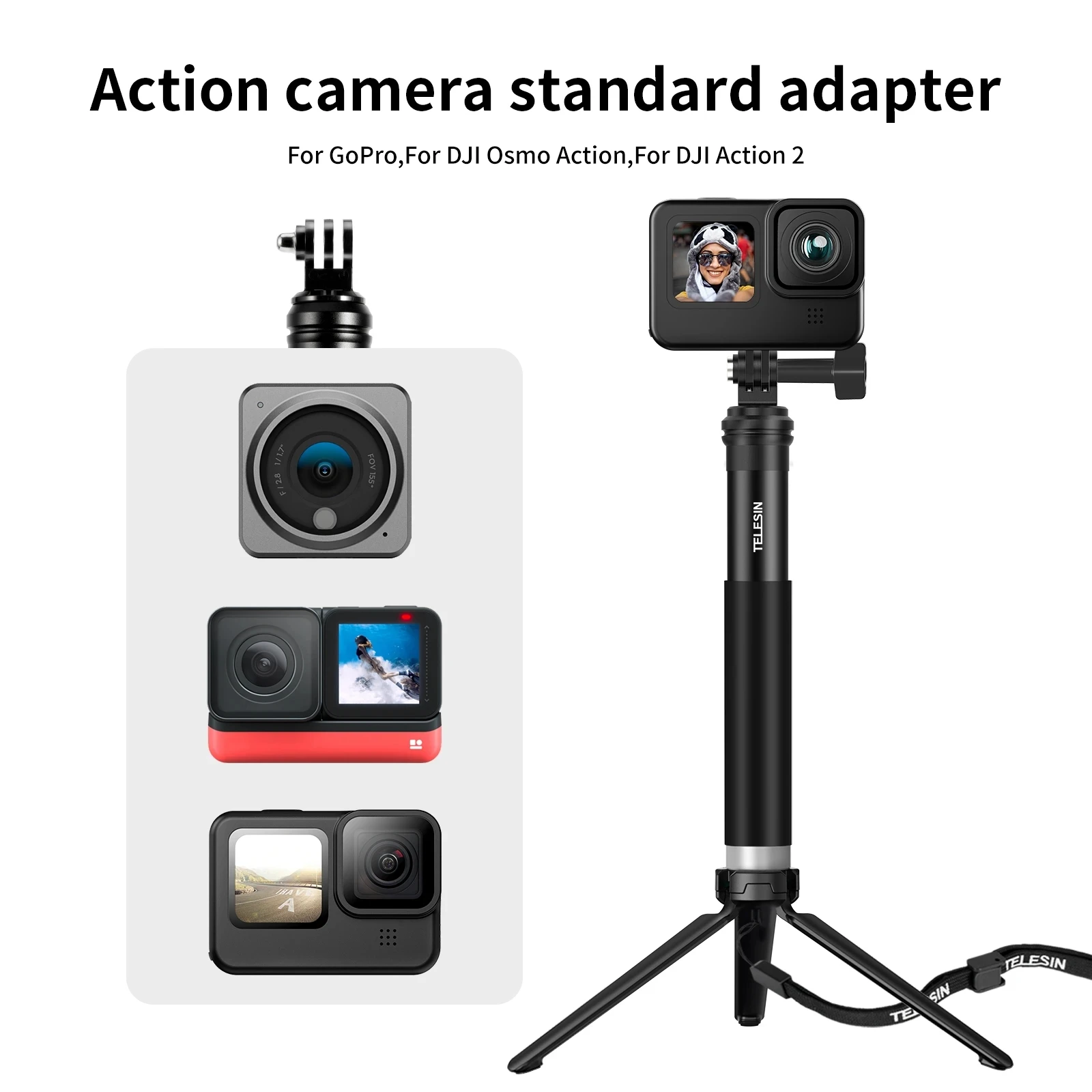 TELESIN Selfie Stick Foldable Tripod Phone Holder Aluminum Alloy Monopod for GoPro 13 12 11 DJI Action 4 5 Insta360 iPhone 16 15