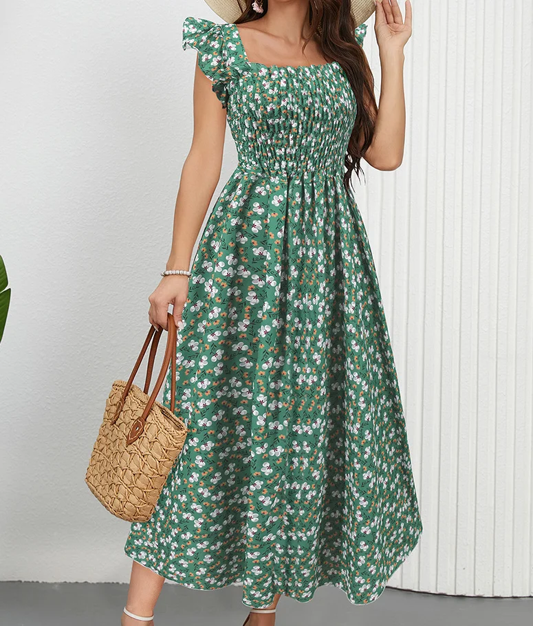 ภาษาฝรั่งเศสคําMidiชุดผู้หญิง 2025 ฤดูร้อนใหม่ชุดดอกไม้เซ็กซี่U-คอCamisoleชุดเอวสูงA-Lineสบายๆผู้หญิงชุดวันหยุด