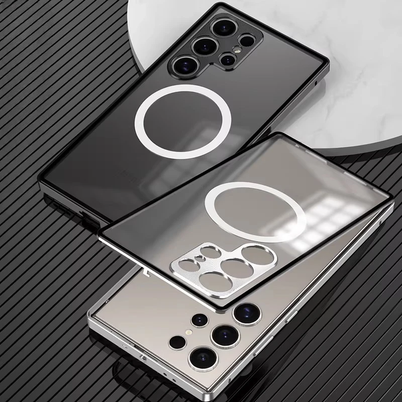 

Business Magnetic Locking Metal Frame Phone Case for Samsung S26 Ultra S25 S24 for Magsafe Wireless Charging Matte Clear Cover