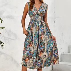 Summer Beach Backless Dress Floral Print Women Bohemian Boho Long Dress Ruffles Casual V-Neck Sexy Party Midi Dress Robe Femme