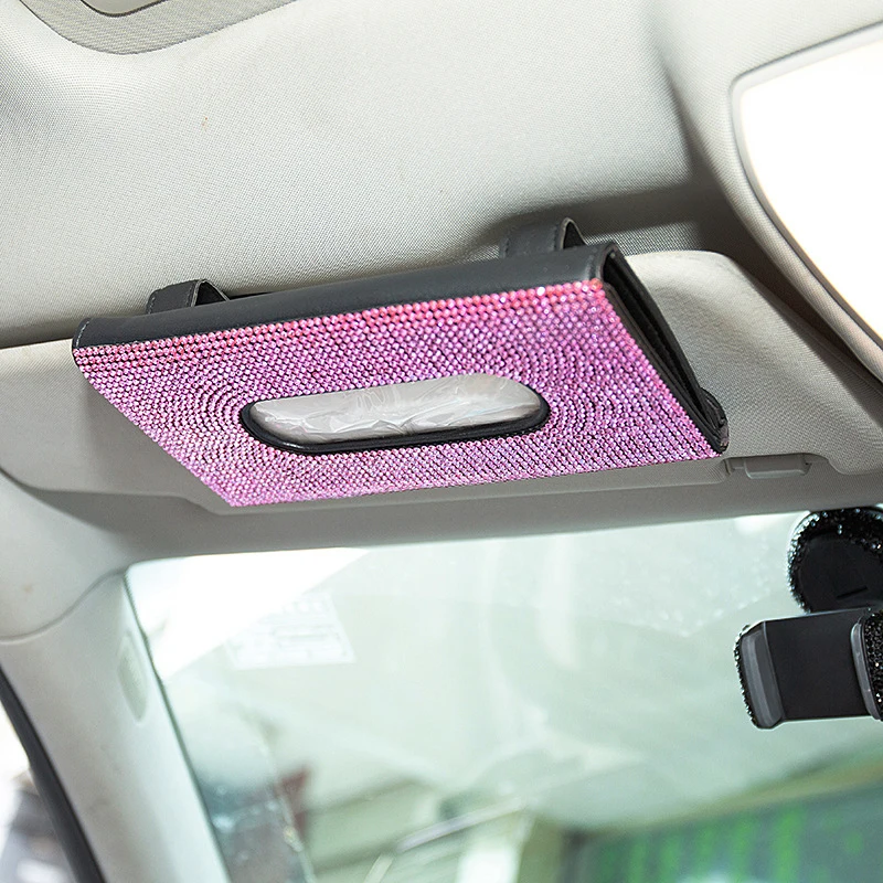 

Creative Rhinestone Car Tissue Boxes Diamond Inlaid Sunshades Leather Hanging Seat Backrest Paper Clip Auto Interior Accessories