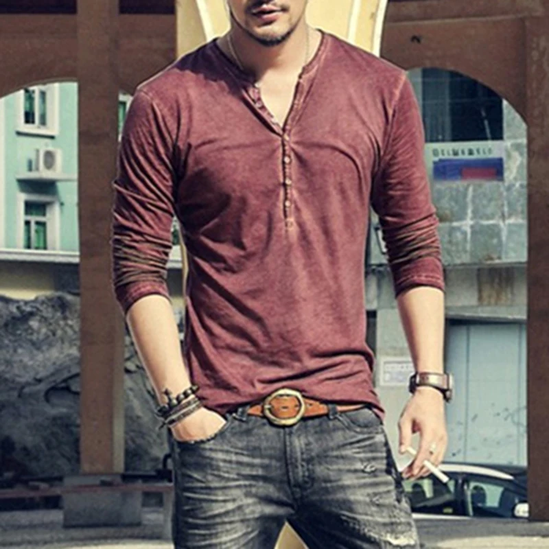 

Male Shirts Men Tops Business Pullover Casual Office Formal Slim Fit Retro Vintage Basic Tee Long Sleeves V Neck