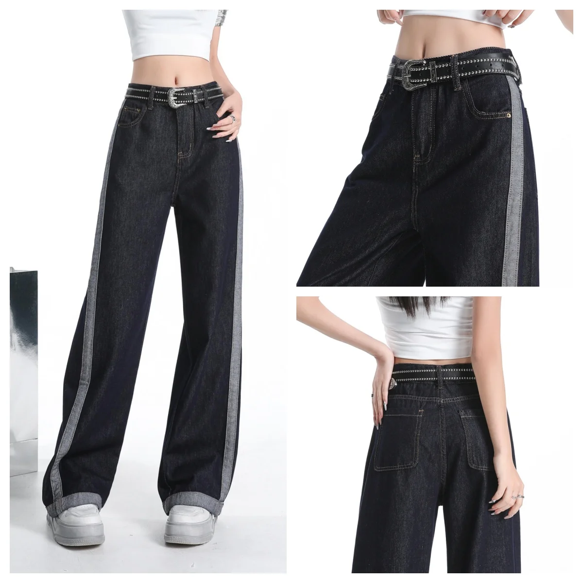 Preto de cintura alta calças de brim retas primavera & outono moda feminina casual calças de perna larga y2k calças 2025 design sentido calças de chão